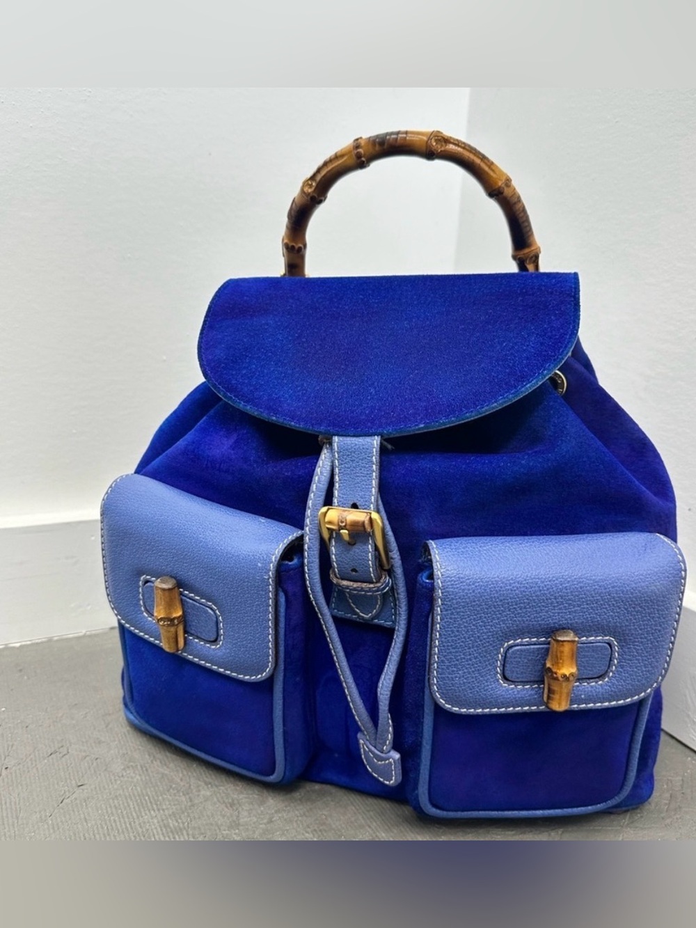 Gucci Blue Suede Backpack with Bamboo Handle